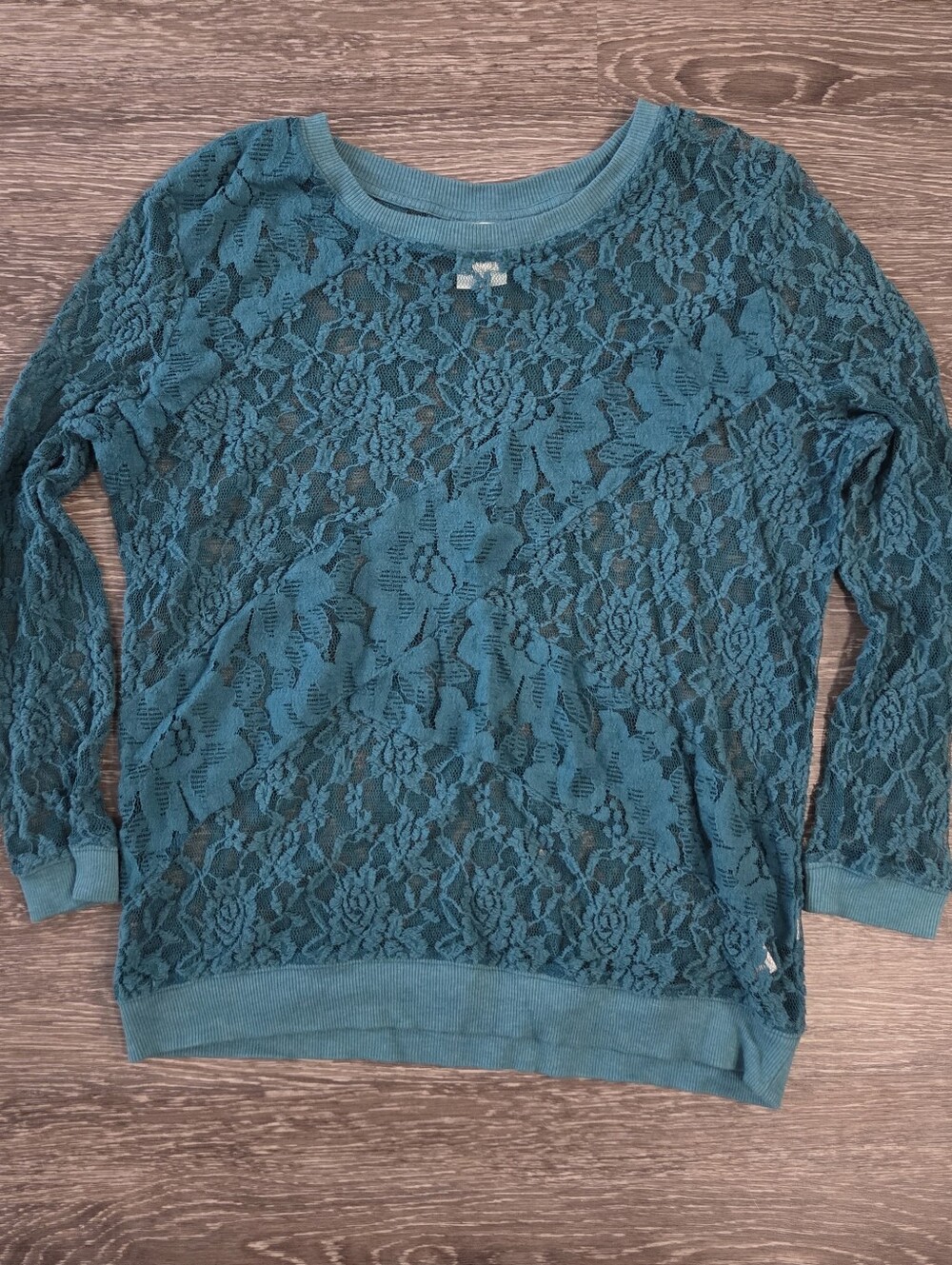 Anthropologie by Eloise Teal Sheer Lace Long Sleeve Top - Size M.